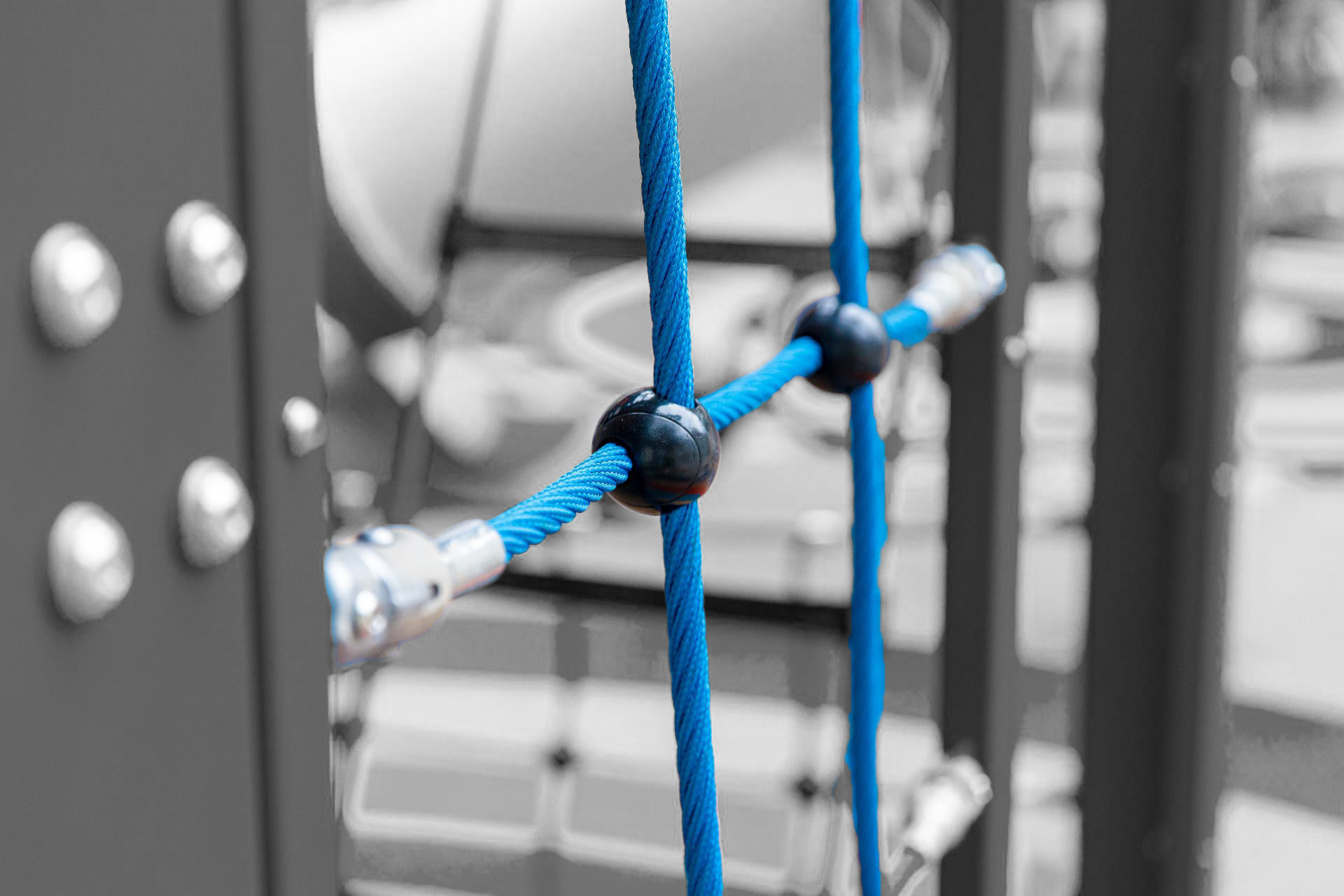Close-up of blue CMRRope climbing rope with galvanized wire core