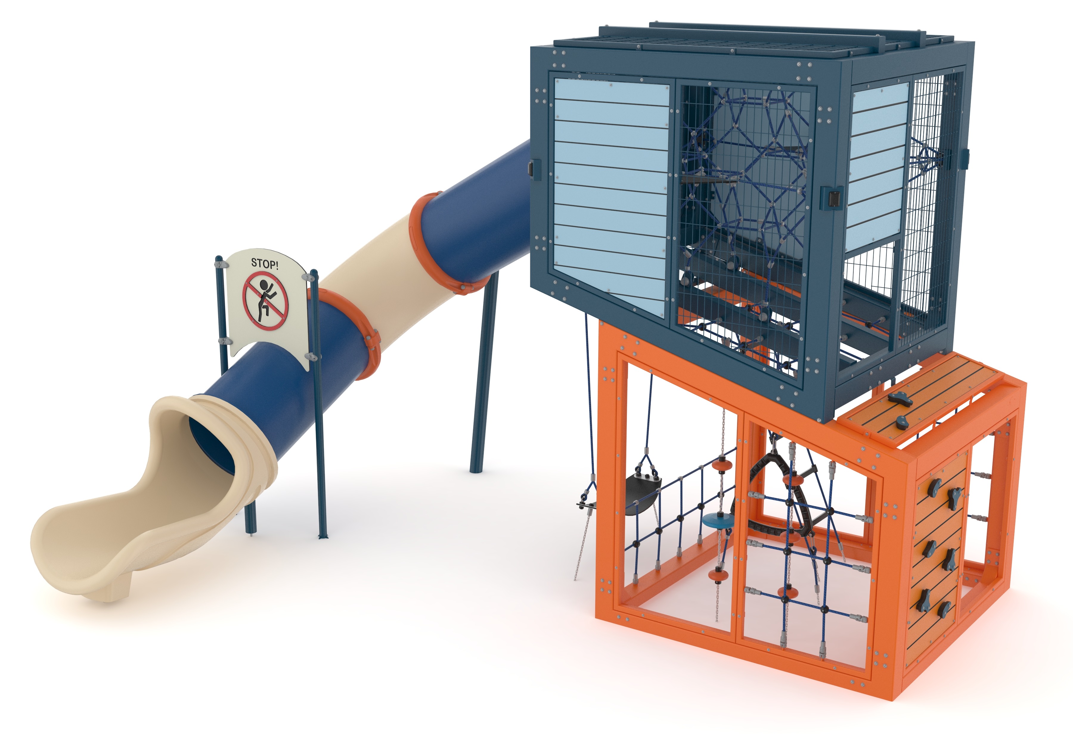 3D render of the AGFS-210-P play structure showing steel tower, rope climbing net and tube slide